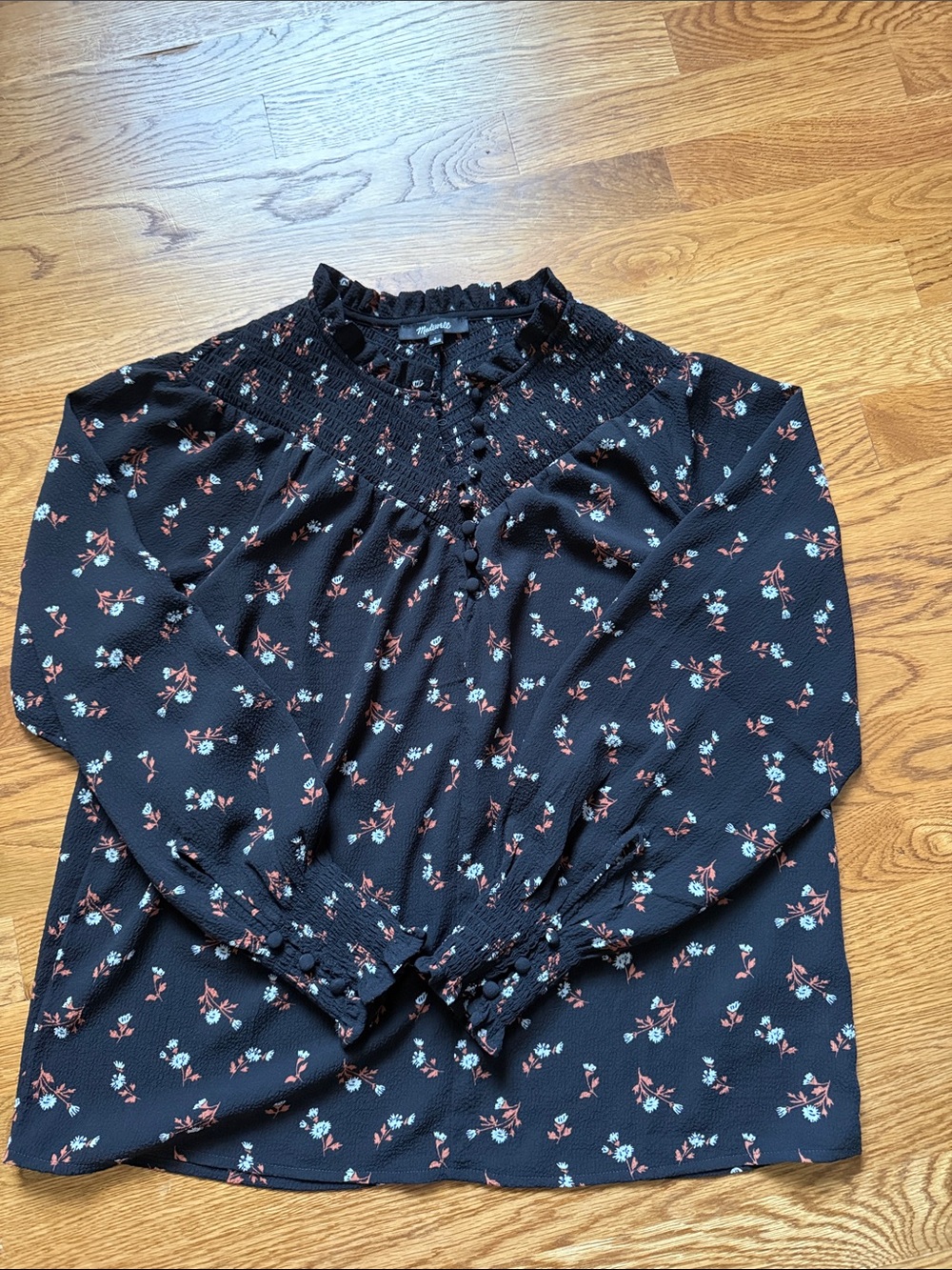 Madewell Black Floral Smocked Yoke Long-Sleeve Blouse